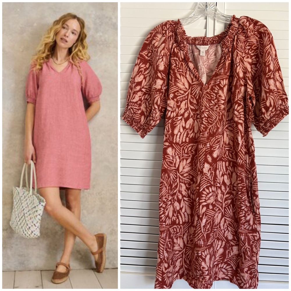 Garnet Hill Amelia Linen Dress Sz 10 Botanical Block Print Rust Red